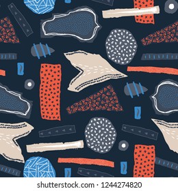 Vector seamless pattern. Torn paper decorated paint and ink spots. Different shapes with rough ribbed and jagged edges. Grunge texture. Applique of scraps with stains. Wallpaper, wrapping, textile