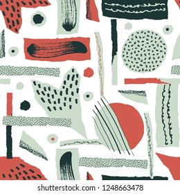 Vector seamless pattern. Torn paper decorated paint and ink spots. Different shapes with rough ribbed and jagged edges. Grunge texture. Applique of scraps with stains. Wallpaper, wrapping, textile