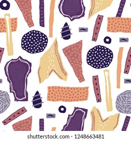 Vector seamless pattern. Torn paper decorated paint and ink spots. Different shapes with rough ribbed and jagged edges. Grunge texture. Applique of scraps with stains. Wallpaper, wrapping, textile