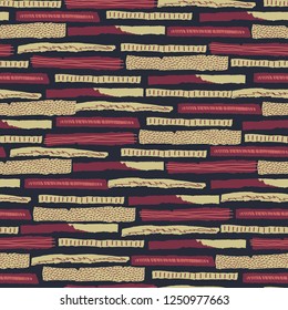 Vector seamless pattern. Torn paper decorated paint and ink spots. Different strips with rough ribbed and jagged edges. Grunge texture. Applique of scraps with stains. Wallpaper, wrapping, textile