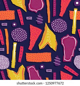 Vector seamless pattern. Torn paper decorated paint and ink spots. Different shapes with rough ribbed and jagged edges. Grunge texture. Applique of scraps with stains. Wallpaper, wrapping, textile