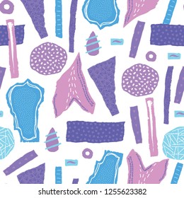 Vector seamless pattern. Torn paper decorated paint and ink spots. Different shapes with rough ribbed and jagged edges. Grunge texture. Applique of scraps with stains. Wallpaper, wrapping, textile