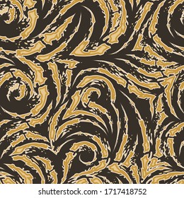 Vector seamless pattern of torn stripes and arcs of brown and beige color with sharp ends isolated on a dark background.Contrast texture of flowing stripes of waves or swirls