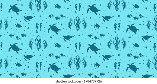 Vector seamless pattern with tortoise and fish. Blue underwater creatures silhouette illustration, repeating undersea endless background.