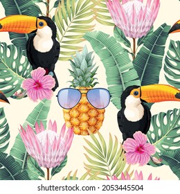 Vector seamless pattern with toucan and flowers