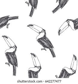 Vector seamless pattern with toucan. Hand drawn illustration of tropical bird. Summer texture in sketch style