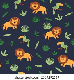 Vector seamless pattern with toucan, lion.Tropical jungle cartoon creatures.Pastel animals background.Cute natural pattern for fabric, childrens clothing,textiles,wrapping paper.