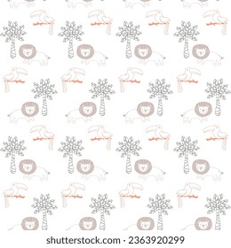 Vector seamless pattern with toucan, lion.Tropical jungle cartoon creatures.Pastel animals background.Cute natural pattern for fabric, childrens clothing,textiles,wrapping paper.