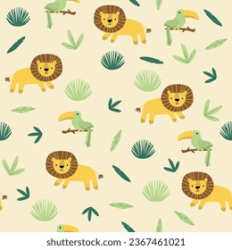 Vector seamless pattern with toucan, lion.Tropical jungle cartoon creatures.Pastel animals background.Cute natural pattern for fabric, childrens clothing,textiles,wrapping paper.