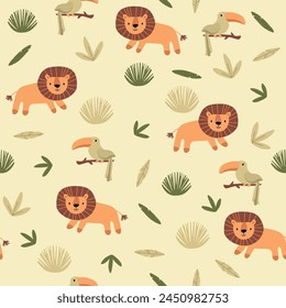 Vector seamless pattern with toucan, lion.Tropical jungle cartoon creatures.Pastel animals background.Cute natural pattern for fabric, childrens clothing,textiles,wrapping paper.