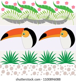 Vector seamless pattern with toucan and palm leaves. Illustration of a cartoon toucan. Scrapbook paper, wrapping paper. Cute print.