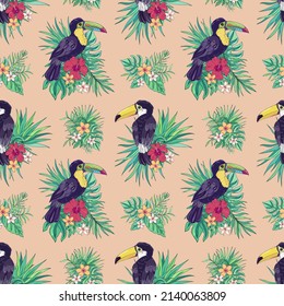 Vector seamless pattern with toucan, palm leaves, hibiscus and plumeria. Tropical bouquet flowers. It can be used for websites, packing of gifts, fabrics, wallpapers. For textile and wrapping paper.