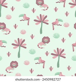 Vector seamless pattern with toucan, sloth.Tropical jungle cartoon creatures.Pastel animals background.Cute natural pattern for fabric, childrens clothing,textiles,wrapping paper.