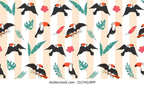 Vector seamless pattern with toucan and tropical leaves: palms, monstera, banana. Beautiful allover print with exotic leaves and animals. Swimwear botanical design. Vector for any purposes