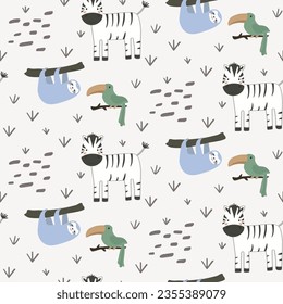 Vector seamless pattern with toucan, zebra, sloth.Tropical jungle cartoon creatures.Pastel animals background.Cute natural pattern for fabric, childrens clothing,textiles,wrapping paper.