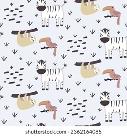 Vector seamless pattern with toucan, zebra, sloth.Tropical jungle cartoon creatures.Pastel animals background.Cute natural pattern for fabric, childrens clothing,textiles,wrapping paper.