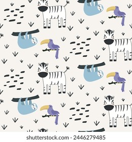 Vector seamless pattern with toucan, zebra, sloth.Tropical jungle cartoon creatures.Pastel animals background.Cute natural pattern for fabric, childrens clothing,textiles,wrapping paper.