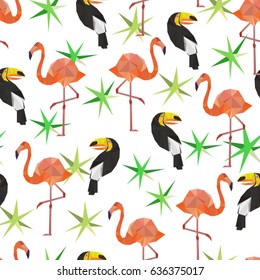 Vector seamless pattern with toucans and flamingos in low poly style.