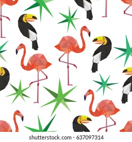 Vector seamless pattern with toucans and flamingos in low poly style.