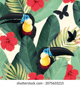 Vector seamless pattern with toucans and flowers