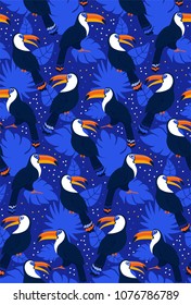 Vector seamless pattern with toucans and jungle leaves. Colorful birds. Summer pattern. Pattern for kids, fabric, textile, wallpaper, for kids goods, sport textile, greeting card. Toucan ob blue