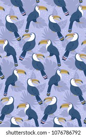 Vector seamless pattern with toucans and jungle leaves. Colorful birds. Summer pattern. Pattern for kids, fabric, textile, wallpaper, for kids goods, sport textile, greeting card. Toucans on violet