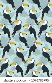 Vector seamless pattern with toucans and jungle leaves. Colorful birds. Summer pattern. Pattern for kids, fabric, textile, wallpaper, for kids goods, sport textile, greeting card. Pastele toucans