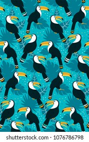 Vector seamless pattern with toucans and jungle leaves. Colorful birds. Summer pattern. Pattern for kids, fabric, textile, wallpaper, for kids goods, sport textile, greeting card. Bright toucans