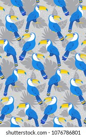 Vector seamless pattern with toucans and jungle leaves. Colorful birds. Summer pattern. Pattern for kids, fabric, textile, wallpaper, for kids goods, sport textile, greeting card. Blue toucans on grey