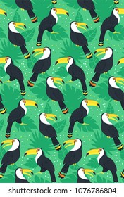 Vector seamless pattern with toucans and jungle leaves. Colorful birds. Summer pattern. Pattern for kids, fabric, textile, wallpaper, for kids goods, sport textile, greeting card. Toucans on green