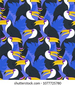 Vector seamless pattern with toucans and jungle leaves. Colorful birds. Summer pattern. Pattern for kids, fabric, textile, wallpaper, for kids goods, sport textile, greeting card. 