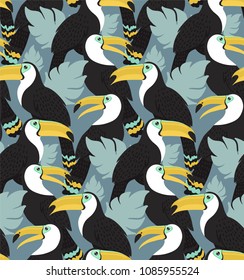 Vector seamless pattern with toucans and jungle leaves. Colorful birds. Summer pattern. Pattern for kids, fabric, textile, wallpaper, for kids goods, sport textile, greeting card. 