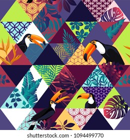 Vector seamless pattern with Toucans and tropical palm leaves. Exotic Hawaii art background is tropical trendy. Design for fabric, textile, wrapping paper and other decoration.