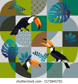 Vector seamless pattern with Toucans and tropical palm leaves. Exotic Hawaii art background is tropical trendy. Design for fabric, textile, wrapping paper and other decoration.