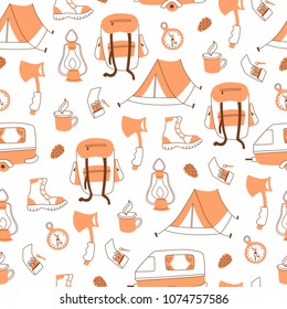 Vector Seamless Pattern with Tourism and Hiking Equipment.
