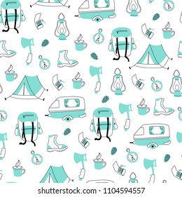 Vector Seamless Pattern with Tourism and Hiking Equipment.
