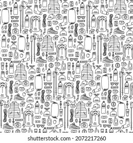 Vector seamless pattern with tourism items. Black and white background in doodle style.