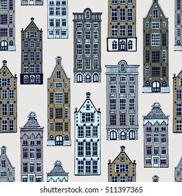 Vector seamless pattern with town houses