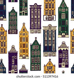 Vector seamless pattern with town houses