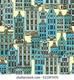 Vector seamless pattern with town houses
