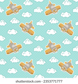 Vector seamless pattern. Toy airplanes among fluffy clouds on a blue background with white polka dots