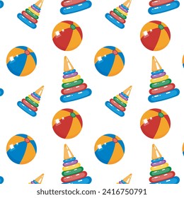 Vector seamless pattern of toy ball and pyramid.Bright children cartoon print on white background.