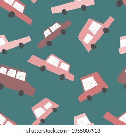 Vektornahtloses Muster mit Spielzeugautos auf grünem Hintergrund. Kann für Kindergewebe, Textilien, Tapeten, Oberfläche, Gehäuse, Trüben, Design-Objekte, Wickelpapier, Kinderbett-Tapete verwendet werden.