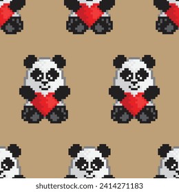 Patrón vectorial sin fisuras de un oso panda de juguete sosteniendo un corazón rojo. Estilo de arte de la Pixel