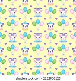 Vector seamless pattern with toys and balloons on a yellow background. Circus theme.