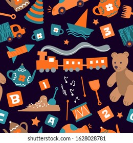 Vector seamless pattern with toys for children. Red and green children's items on dark background for a children's store, kindergarten, packaging of children's goods, children's textiles for boys.