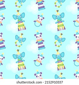 Vector seamless pattern with toys pyramids, toys rattles and clouds on a blue background. Circus theme.