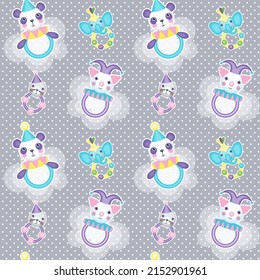 Vector seamless pattern with toys rattles and clouds on a grey dotted background. Circus theme.