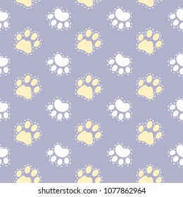 Vector seamless pattern with traces of kittens and puppies. Pet background. Can be used for wrapping paper for shop zoo, web, design banners, print on clothes for boys and girls. Veterinary backdrop.