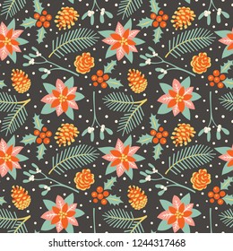 Vector seamless pattern with the traditional Christmas floral elemens: mistletoe, holly, poinsettia, fir cones and fir branches. The illustration in vintage style.
